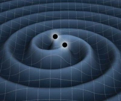 Ilustração de dois buracos negros orbitando e formando ondas gravitacionais no espaço-tempo