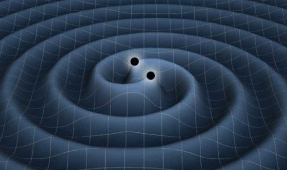 Ilustração de dois buracos negros orbitando e formando ondas gravitacionais no espaço-tempo