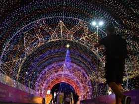 Foto noturna de uma grande árvore de Natal iluminada com luzes coloridas, montada em via pública, com decoração natalina ao redor e clima festivo.