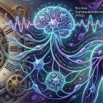 A imagem ilustra a relação entre o tempo mecânico e o tempo biológico. À esquerda há um relógio antigo com engrenagens e números romanos. À direita aparece a silhueta de um corpo humano formada por redes luminosas que lembram conexões neurais e células. No cérebro destaca-se a região dos núcleos supraquiasmáticos (NSQ), responsáveis pelo relógio biológico. Linhas onduladas conectam o relógio ao corpo, simbolizando ritmos e sistemas de temporização do organismo.