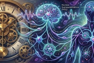 A imagem ilustra a relação entre o tempo mecânico e o tempo biológico. À esquerda há um relógio antigo com engrenagens e números romanos. À direita aparece a silhueta de um corpo humano formada por redes luminosas que lembram conexões neurais e células. No cérebro destaca-se a região dos núcleos supraquiasmáticos (NSQ), responsáveis pelo relógio biológico. Linhas onduladas conectam o relógio ao corpo, simbolizando ritmos e sistemas de temporização do organismo.