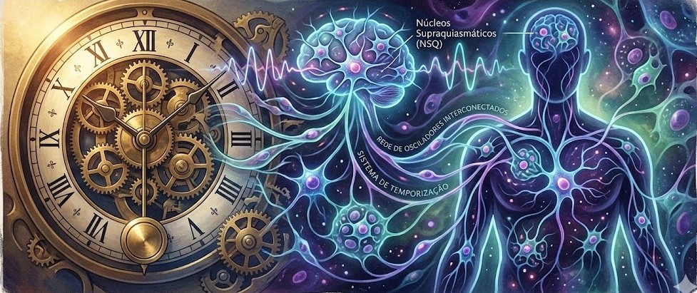 A imagem ilustra a relação entre o tempo mecânico e o tempo biológico. À esquerda há um relógio antigo com engrenagens e números romanos. À direita aparece a silhueta de um corpo humano formada por redes luminosas que lembram conexões neurais e células. No cérebro destaca-se a região dos núcleos supraquiasmáticos (NSQ), responsáveis pelo relógio biológico. Linhas onduladas conectam o relógio ao corpo, simbolizando ritmos e sistemas de temporização do organismo.