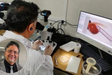 Pesquisador em laboratório durante atividade de pesquisa científica no Brasil.