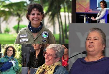 Colagem com fotos de cinco mulheres brasileiras que atuam na conservação da biodiversidade: Flávia Miranda, Maria Tereza Pádua, Yara Novelli, Patrícia Médici e Neiva Guedes.