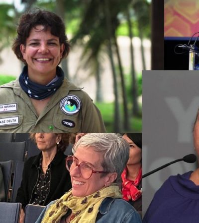 Colagem com fotos de cinco mulheres brasileiras que atuam na conservação da biodiversidade: Flávia Miranda, Maria Tereza Pádua, Yara Novelli, Patrícia Médici e Neiva Guedes.