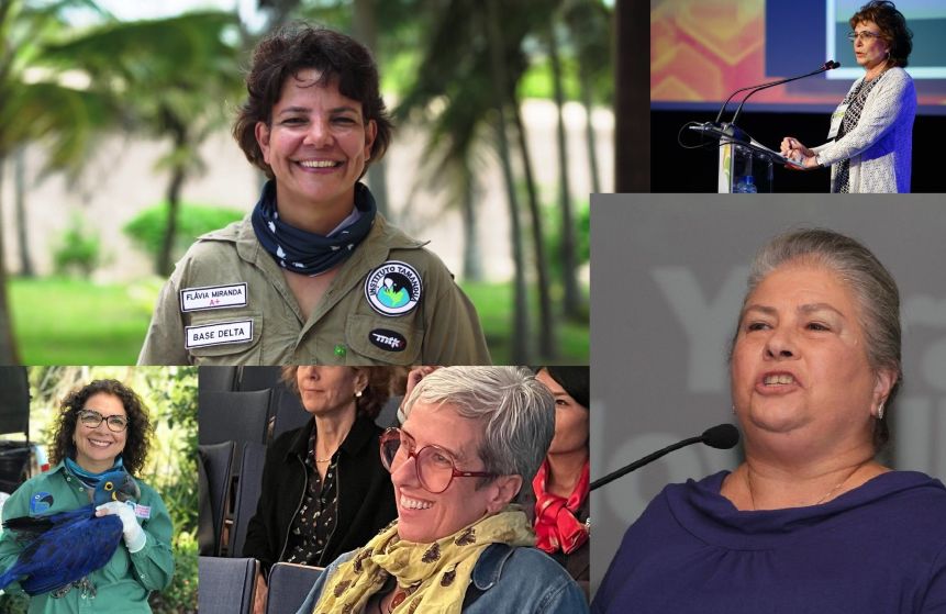 Colagem com fotos de cinco mulheres brasileiras que atuam na conservação da biodiversidade: Flávia Miranda, Maria Tereza Pádua, Yara Novelli, Patrícia Médici e Neiva Guedes.