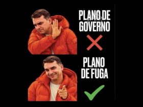 Montagem de humor político com um homem de jaqueta vermelha rejeitando o plano de governo e aprovando o plano de fuga, com símbolos de X vermelho e marca de verificação verde.