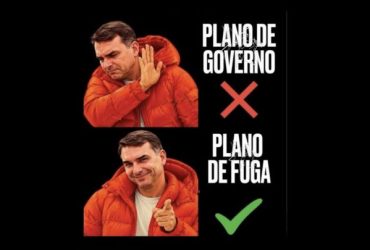 Montagem de humor político com um homem de jaqueta vermelha rejeitando o plano de governo e aprovando o plano de fuga, com símbolos de X vermelho e marca de verificação verde.