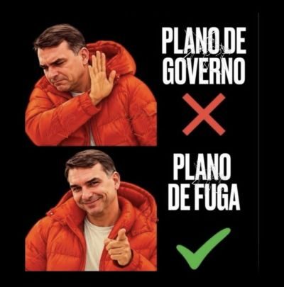Montagem de humor político com um homem de jaqueta vermelha rejeitando o plano de governo e aprovando o plano de fuga, com símbolos de X vermelho e marca de verificação verde.