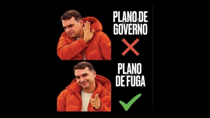Montagem de humor político com um homem de jaqueta vermelha rejeitando o plano de governo e aprovando o plano de fuga, com símbolos de X vermelho e marca de verificação verde.