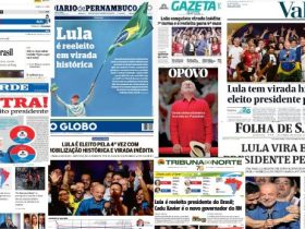 Montagem de capas de jornais brasileiros destacando a vitória eleitoral de Lula, com manchetes de O Globo, Folha de S.Paulo, Valor, A Tarde, Diário de Pernambuco, Gazeta, O Povo e Tribuna do Norte.