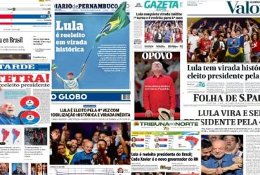Montagem de capas de jornais brasileiros destacando a vitória eleitoral de Lula, com manchetes de O Globo, Folha de S.Paulo, Valor, A Tarde, Diário de Pernambuco, Gazeta, O Povo e Tribuna do Norte.