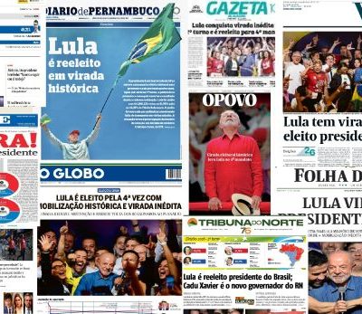Montagem de capas de jornais brasileiros destacando a vitória eleitoral de Lula, com manchetes de O Globo, Folha de S.Paulo, Valor, A Tarde, Diário de Pernambuco, Gazeta, O Povo e Tribuna do Norte.