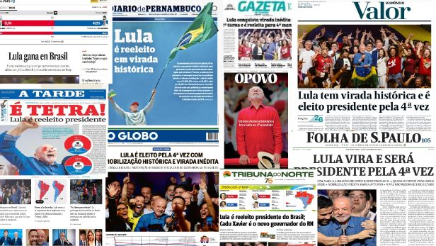 Montagem de capas de jornais brasileiros destacando a vitória eleitoral de Lula, com manchetes de O Globo, Folha de S.Paulo, Valor, A Tarde, Diário de Pernambuco, Gazeta, O Povo e Tribuna do Norte.