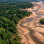 Vista aérea de floresta densa ao lado de um rio com leito exposto, bancos de areia e trechos de água reduzidos.