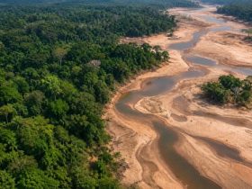 Vista aérea de floresta densa ao lado de um rio com leito exposto, bancos de areia e trechos de água reduzidos.