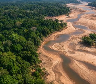 Vista aérea de floresta densa ao lado de um rio com leito exposto, bancos de areia e trechos de água reduzidos.